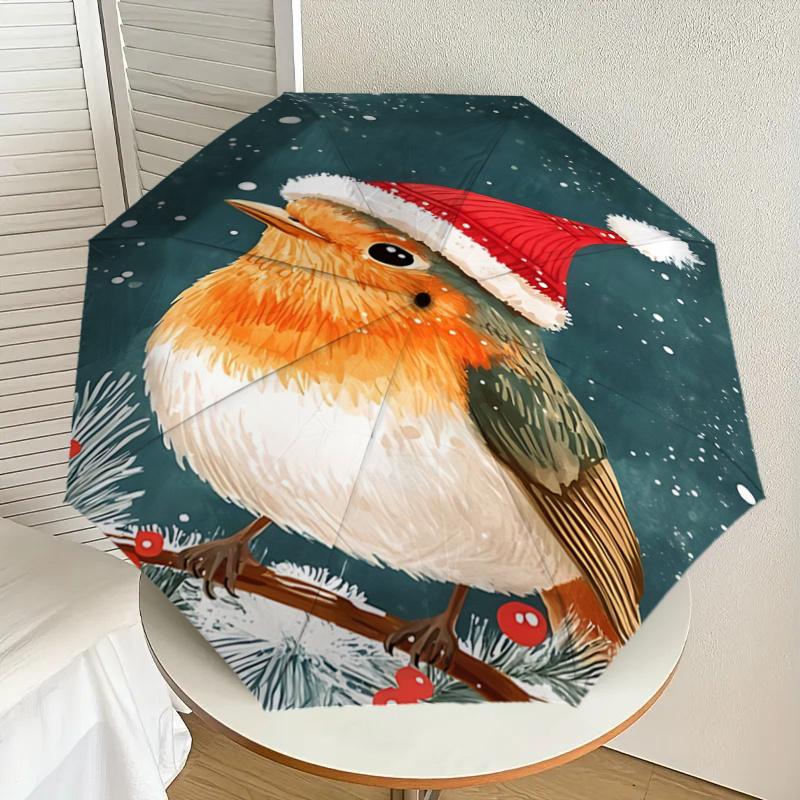 Christmas Robin with Santa Hat - Automatic Opening Umbrella, Portable 3-Fold Design, 8-Bone Iron Frame Outdoor Umbrella, Festive Gift for Fa