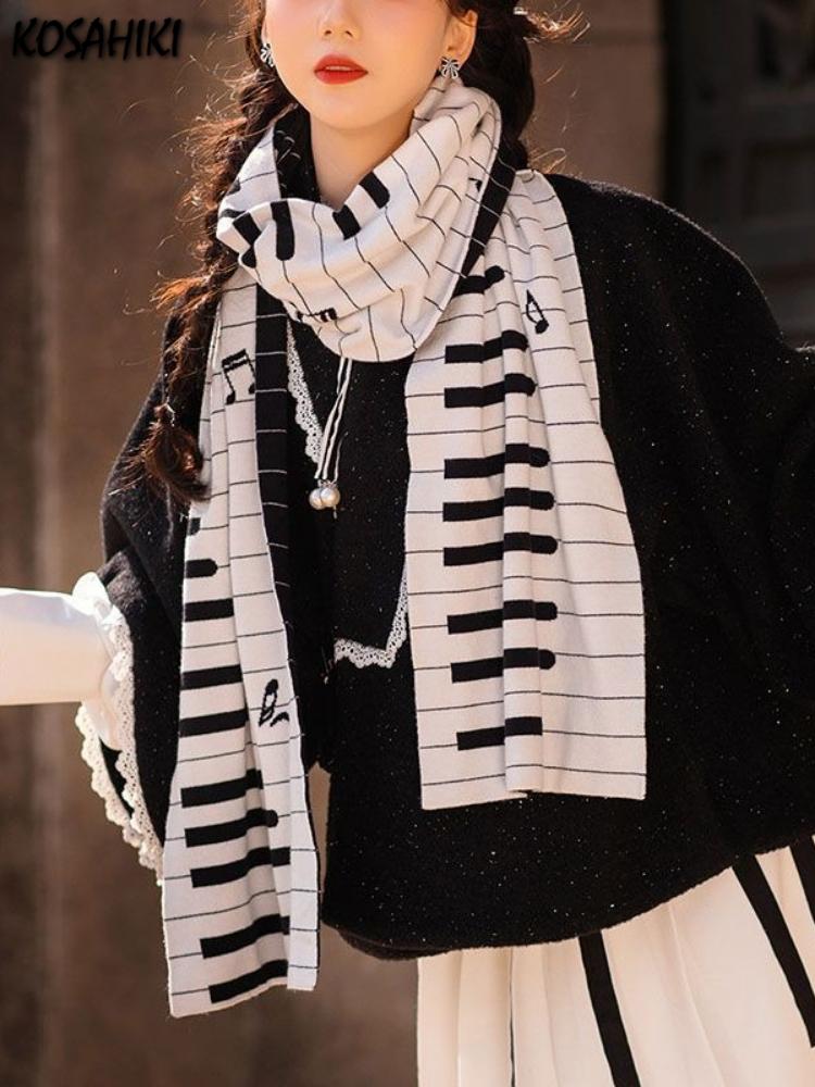 2026 Winter Y2k Aesthetic Grunge Long Scarves Women Unisex Harajuku Knitted Neckerchief Black White Piano Jacquard Scarf Gothic