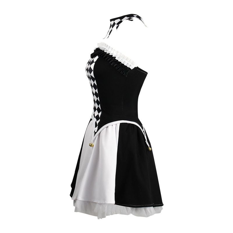 Cross-Dressing Queen Vampire Clown Cosplay Costume Halloween Demon Outfit Black and White Plaid Clown Cosplay Costume