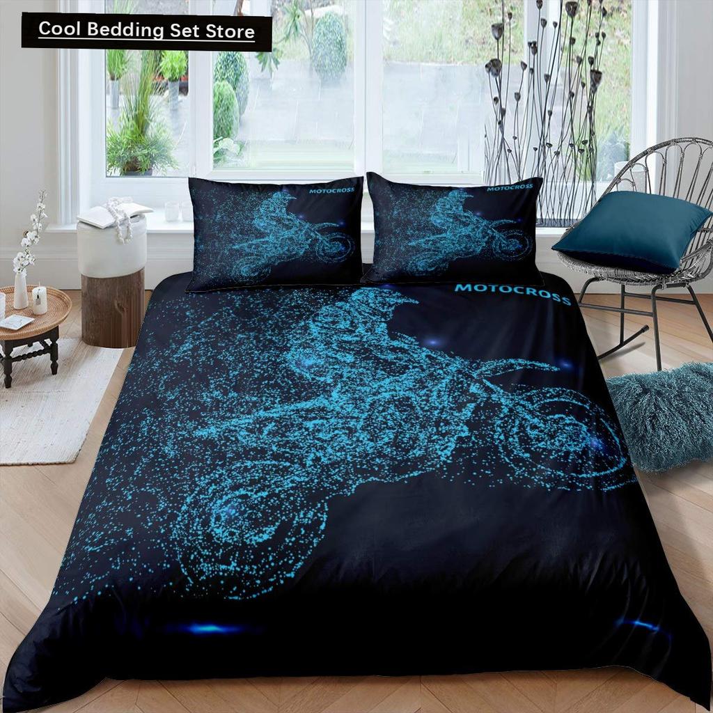 Dirt Bike King Queen Duvet Cover Motocross Sports Bedding Set Motorcycle Quilt Cover Youth Cool Black White Soft Comforter Cover