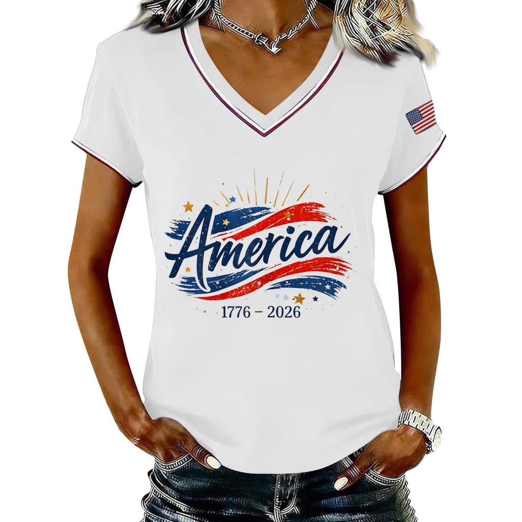 Damen Lässiger V-Ausschnitt Kurzarm Pullover Bedrucktes T-Shirt Top