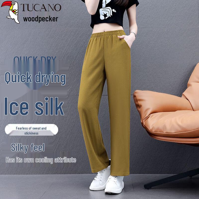 Woodpecker Women s Ice Silk High-Waisted Straight-Leg Casual Pants M