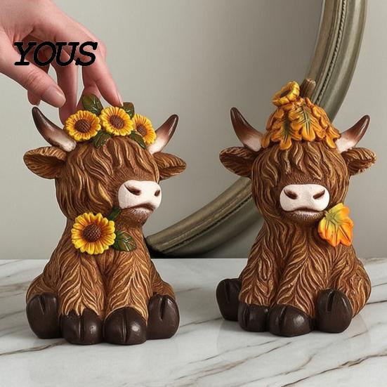 Lifelike Animal Shape Ornaments Highland Cow Garden Statue, Cute Resin Figurine Outdoor Indoor Hand Painted Collectibles Table Desk Decor, Gift