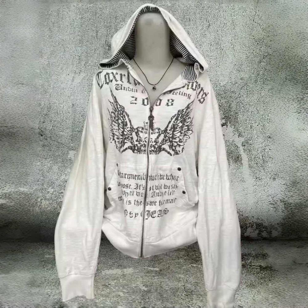 VAYLA Vintage Sweatshirts Women's Clothes White Print Tunic Hooded Y2k Coat Streetwear Fashion Casual Hoodies Tops Ropa Mujer