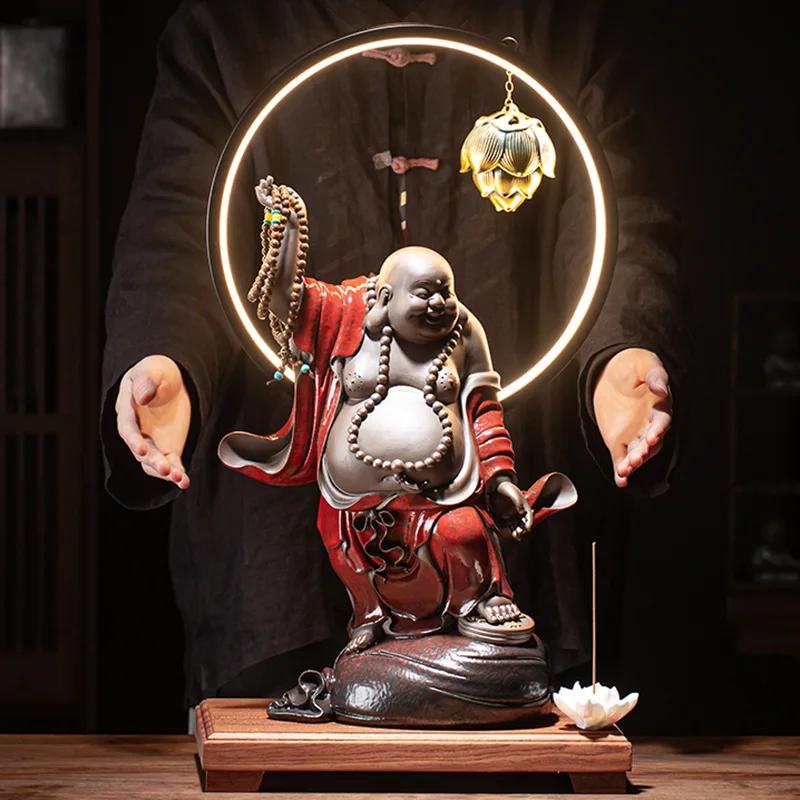 New Chinese Style Large Belly Maitreya Buddha Ceramic Buddha Statue Lamp Ring Decoration Home Decor Living Room Decorations