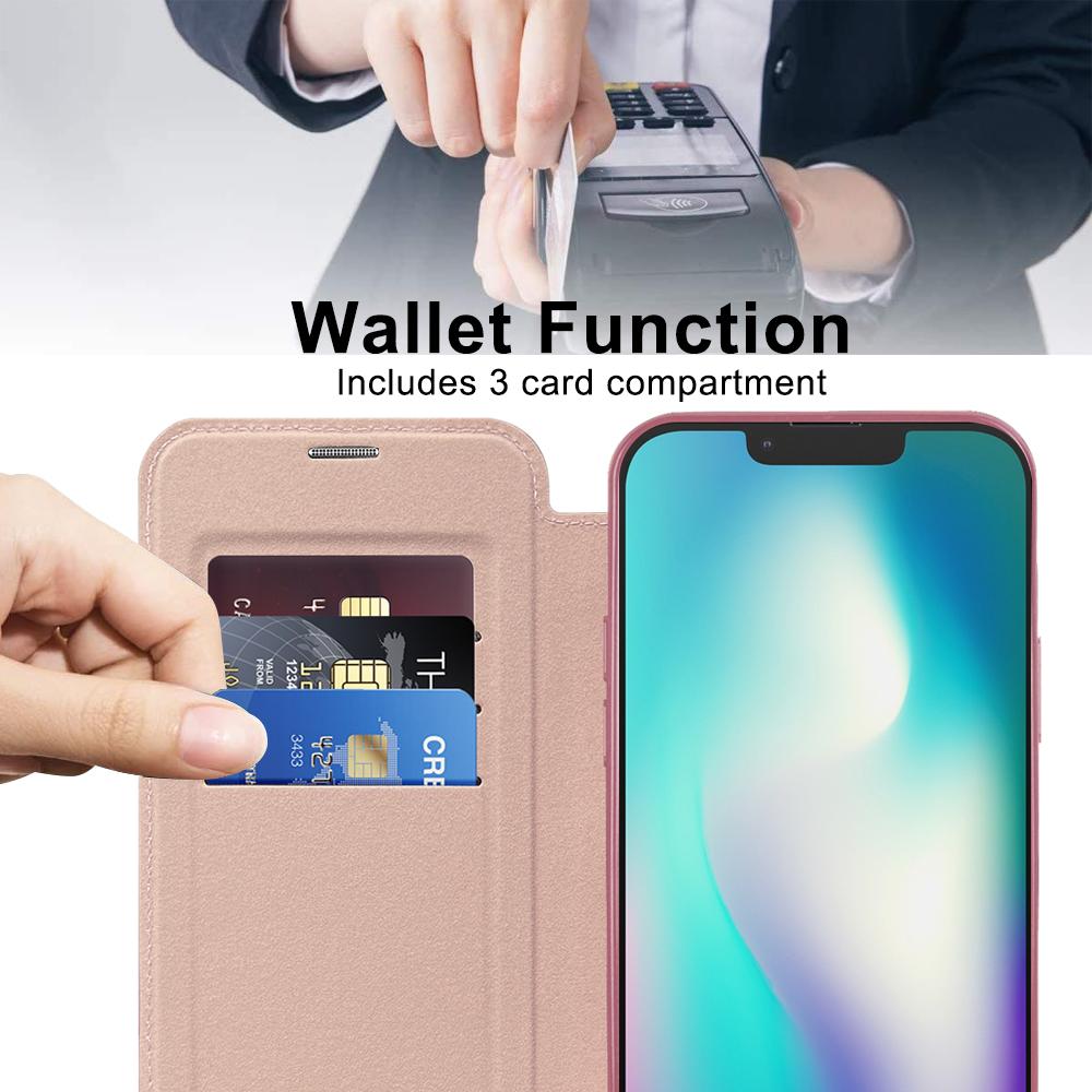 For iPhone 15 Plus Built-in Lens Film Phone Case RFID Blocking Card Slots Leather Cover Compatible with MagSafe