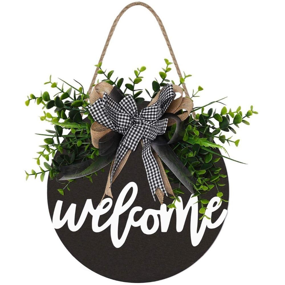 30cm 11.81in Wooden Welcome Sign Artificial Plant Wall Art Creative Hanging Decoration Wall Decor