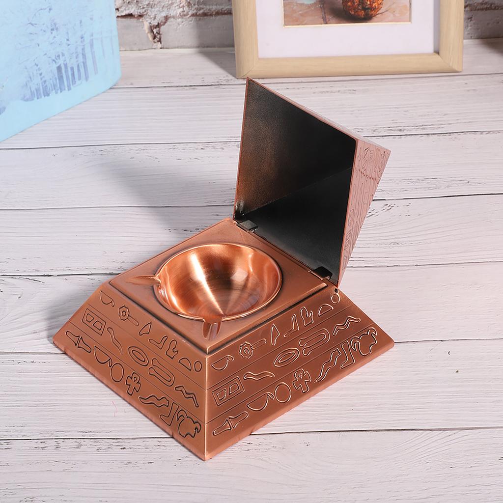 Metal Ashtray with Cover Retro Office Ornaments Smoking Gifts Egyptian Pyramids shape(Coppery )