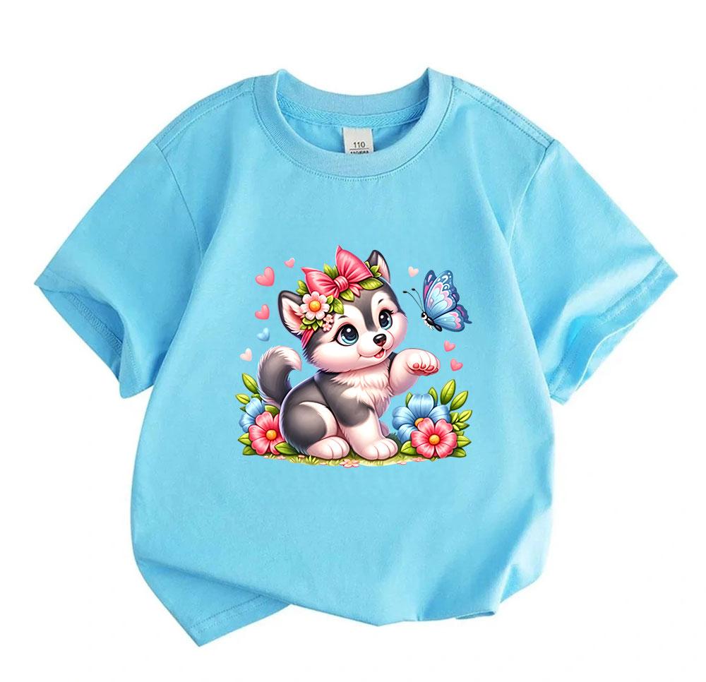 Kids Boys Girls 100% Cotton Crew Neck Short Sleeve T-Shirt, Cute Husky Puppy with Bow Flower Butterfly Print Casual Soft Summer Tee Tops for Children