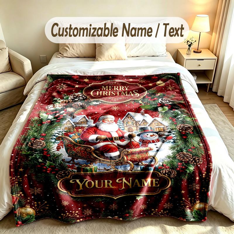 Christmas Theme Soft Blanket Personalized Custom Name Text Print Warm Blanket Home Sofa Bedroom Decor
