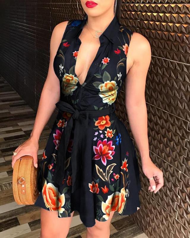 European & American Women's Denim Sleeveless Deep V-Neck Sexy Lace Mini Dress