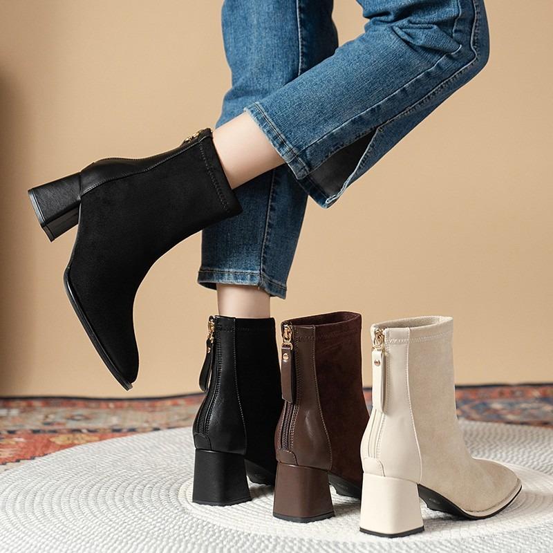 Fashion Block Heel Suede Mid Heel Skinny Square Toe Booties New Winter New Back Zip High Heel Stretch Boots
