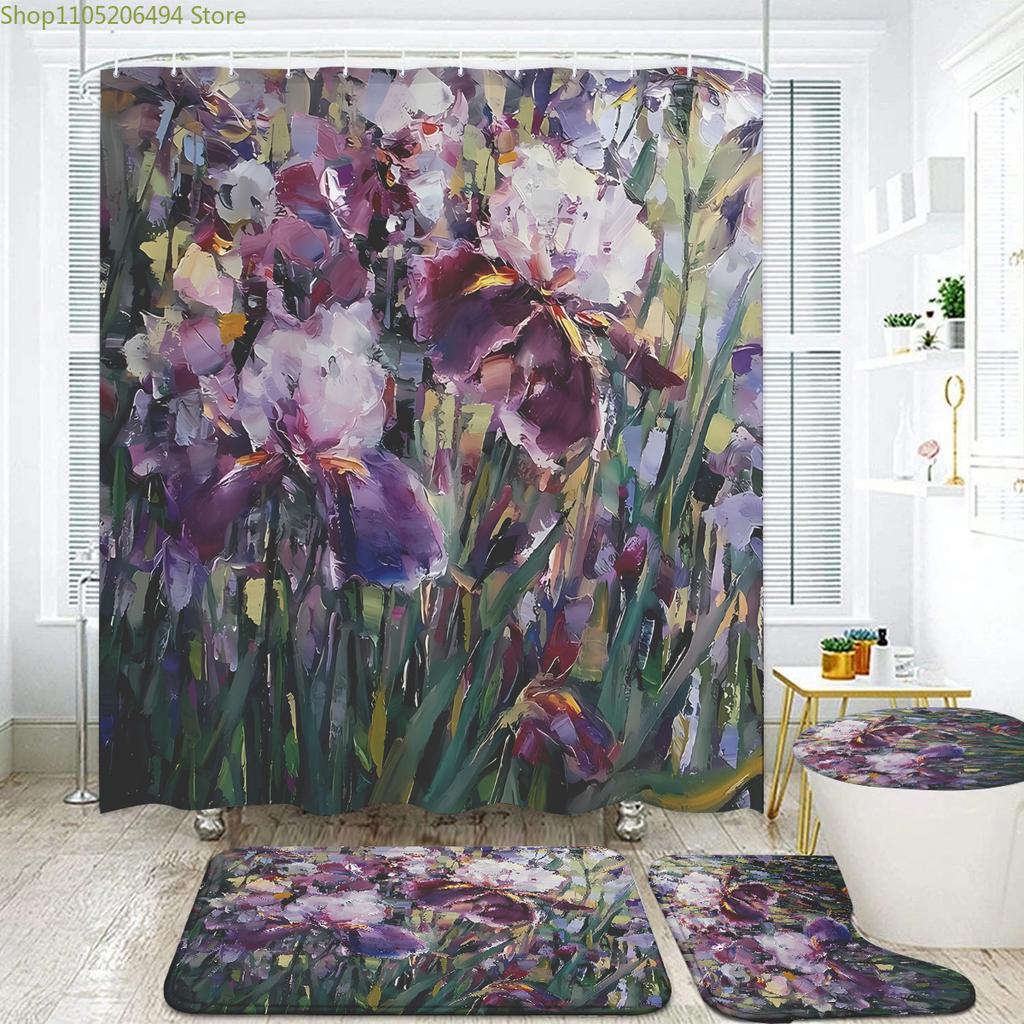 1/3/4pcs Bathroom Set with Vibrant Iris Flower Pattern, Lively Floral Design In Rich Colors of Purple and White, Accented with