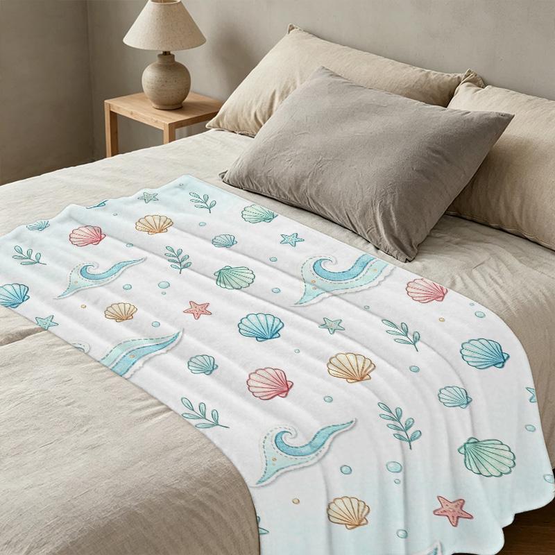 All-Season Ocean Flannel Blanket - Single Size, Thick Soft Warm Throw with Shell & Starfish, Ideal for Home Decor, Guest Room.