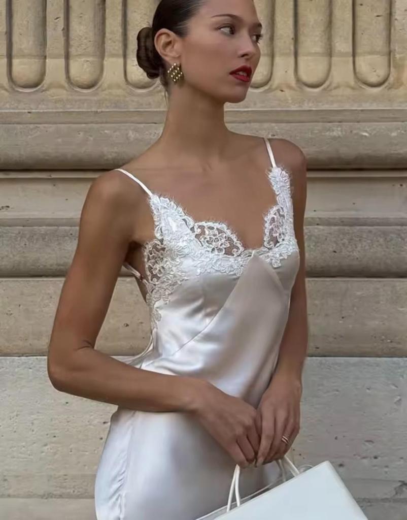 European American Women's Lace Patchwork Satin Sling Dress