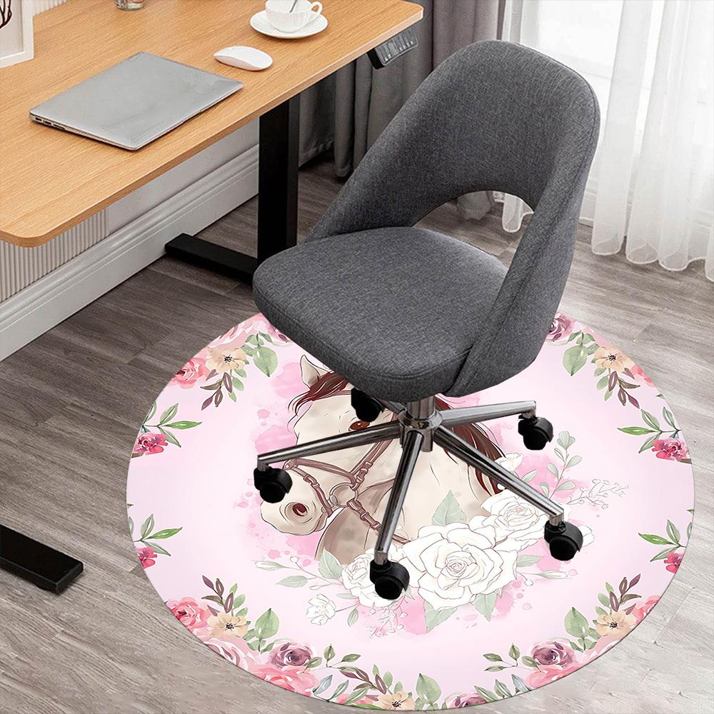 1pc Horse Floral Round Chair mat Area Rug - Non-Slip, Floor Mat for Office, Bedroom, and Indoor Decor c1125096