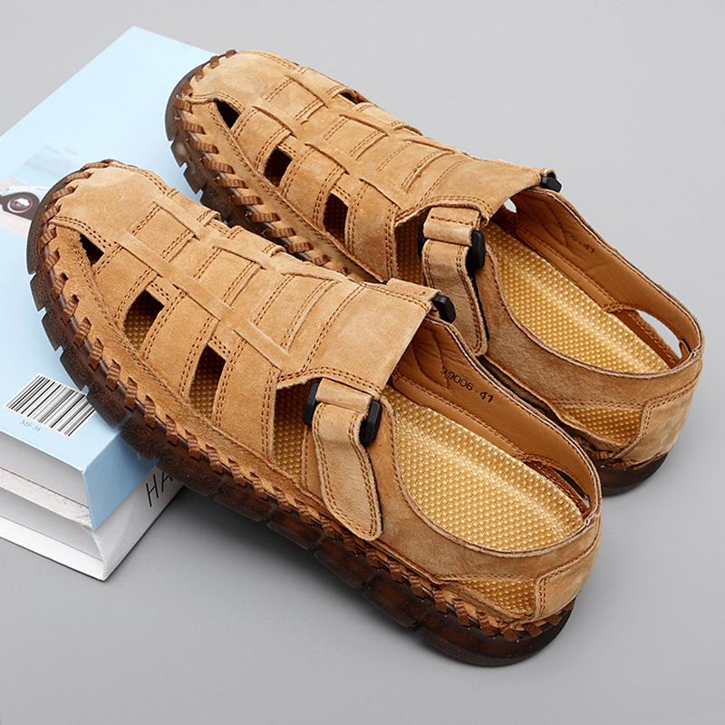 Genuine Leather Outdoor Men Sandals Hand Made Breathable Summer Casual Shoes For Men Slip On Flats Men Loafers Plus Size 38-47