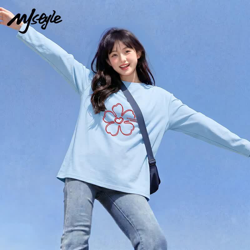 MJ STYLE Women's Pure Cotton Long Sleeve T-Shirt with Heart Line Art
