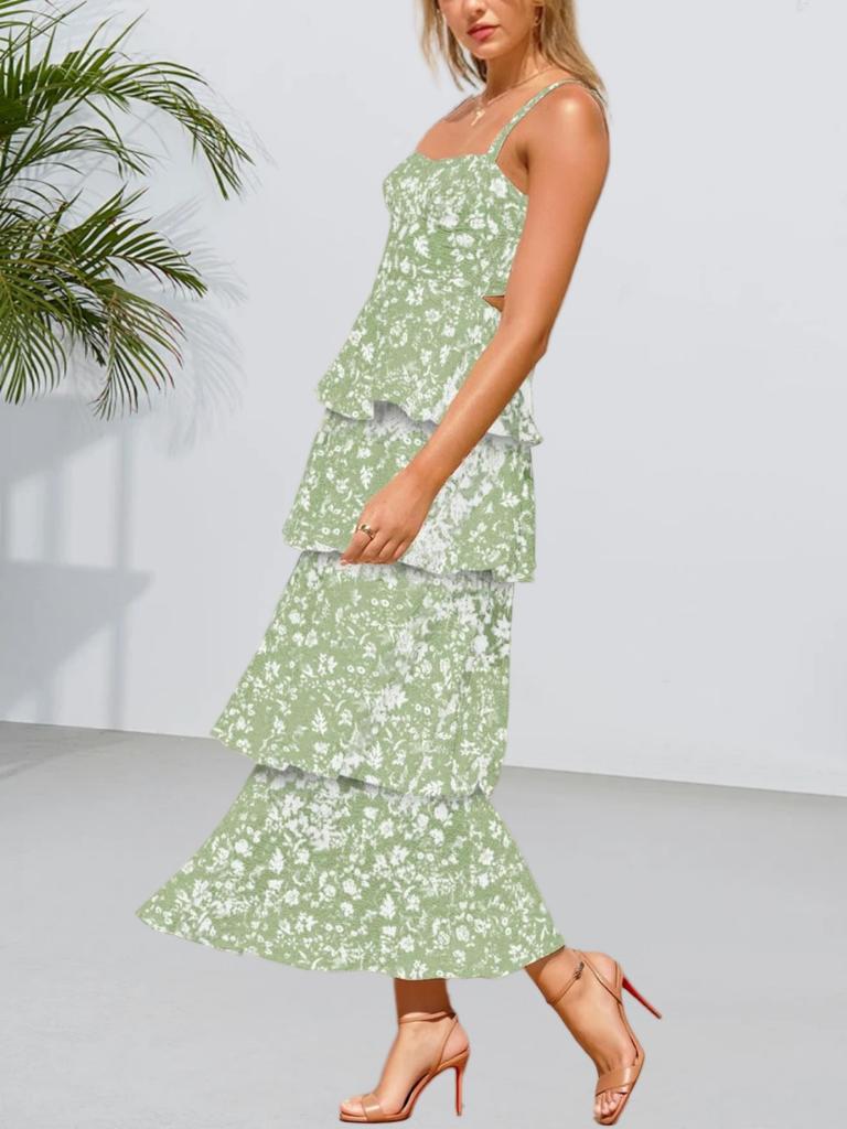 Women's Floral Maxi Dress Spaghetti Strap Ruffle Tiered Sleeveless Summer Dress