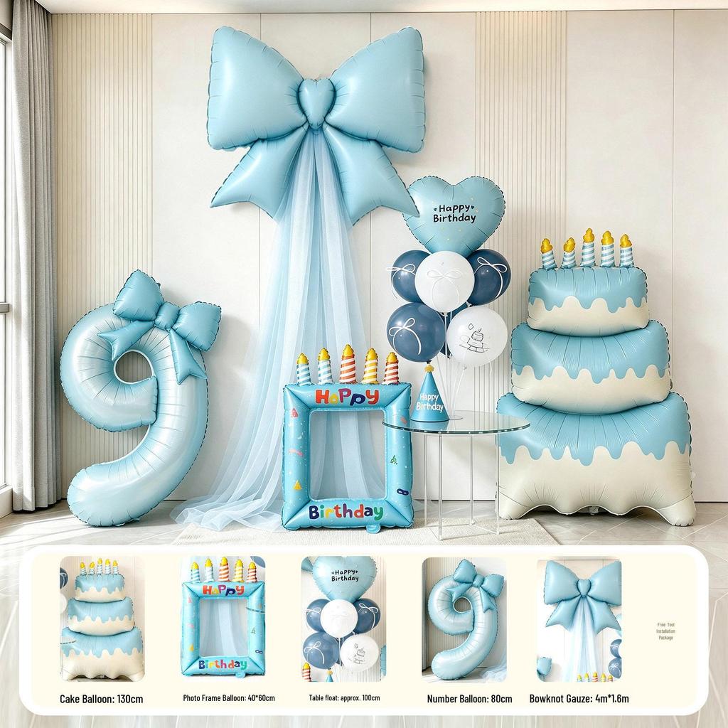 Blue First Birthday Party Decor Set with Bows, Cake Toppers, Number Balloons, and Photography Backdrop