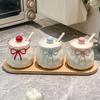 Cute bow seasoning jar kitchen household combination set ceramic seasoning box pepper salt jar spice storage box