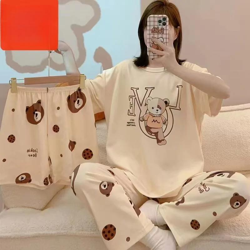 Three-Piece Pajamas Women Short-Sleeved Milk Silk Trousers Shorts Loose Wearable Homewear Letters Cartoon Bear Two-Piece Suit