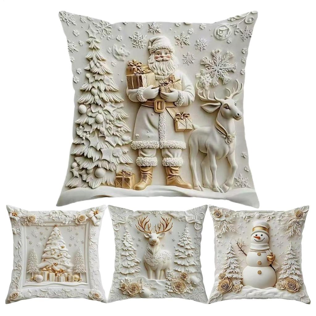 Christmas Themed Cushion Covers 18x18 Inch 4 Pieces Santa Claus Snowman Tree Reindeer Pattern Sofa Cushion Cover For Bedroom