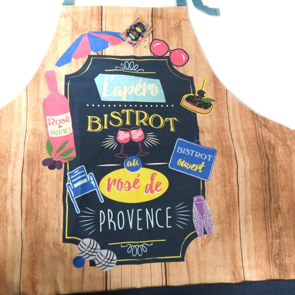 Les Trésors De Lily [N7953] - Designer Apron 'Terroir Français' Navy Brown (L'Apéro Bistrot Rosé De Provence) - 80x65 Cm