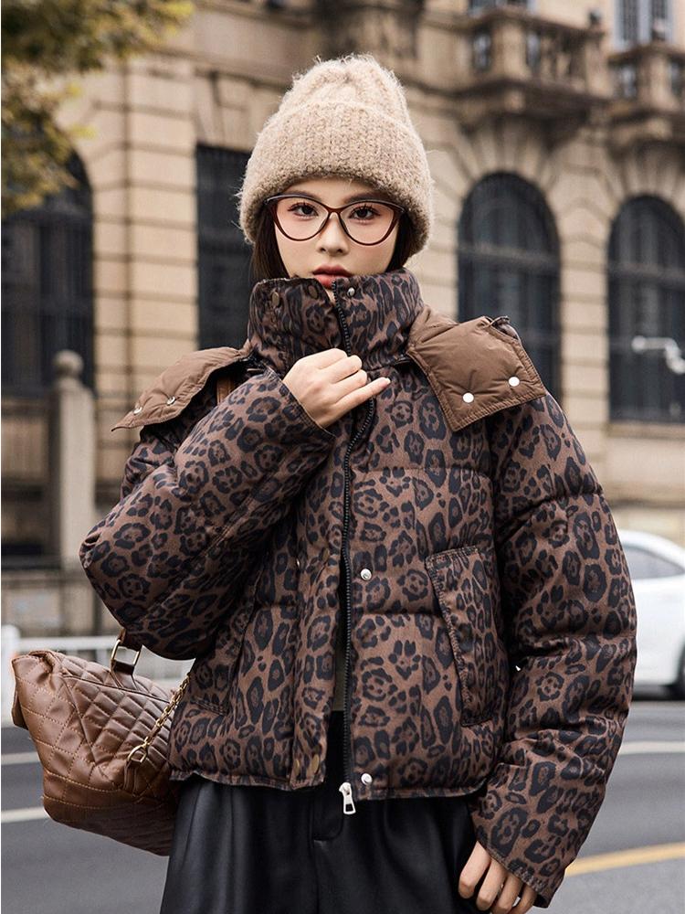 Women's Thickened Short Detachable Hood Leopard Print Jacket