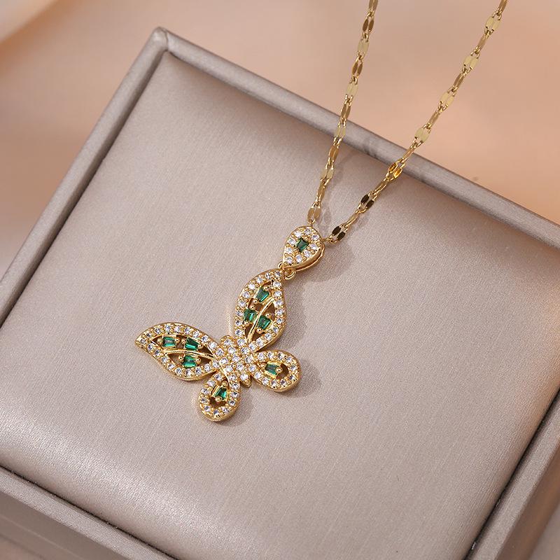 Emerald Butterfly Full Diamond Titanium Steel Clavicle Necklace for Women - Trendy Korean Fashion