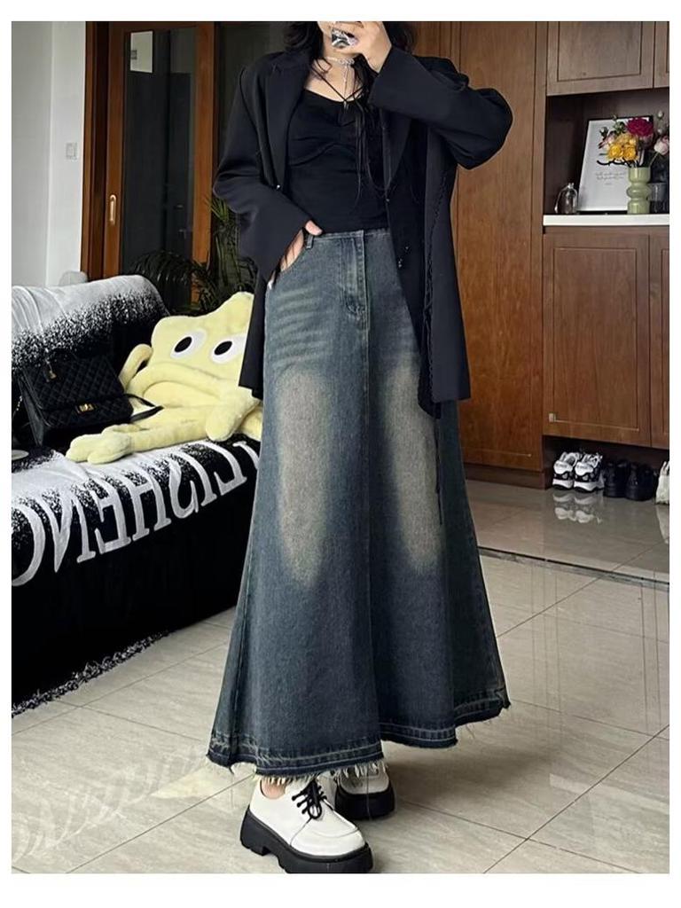 Spring 2025 High Waisted Distressed Denim Midi Skirt - Retro A-Line Design