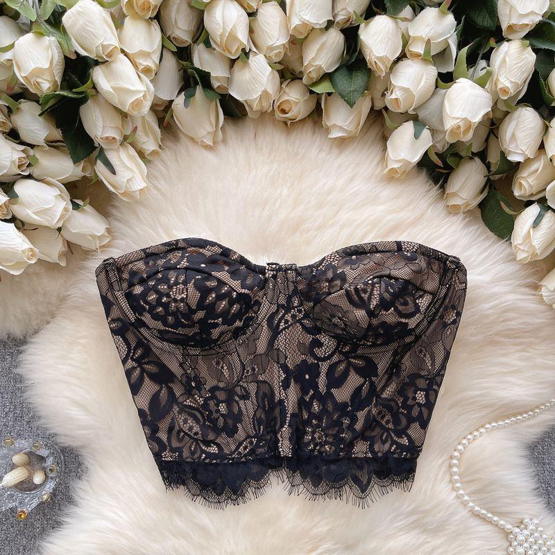 

Lace Tube Top Vest Female Fashion Ins Pure Desire Short Sleeveless Outerwear Top Female Sexy Silm Fishbone Wrapped Chest Black M