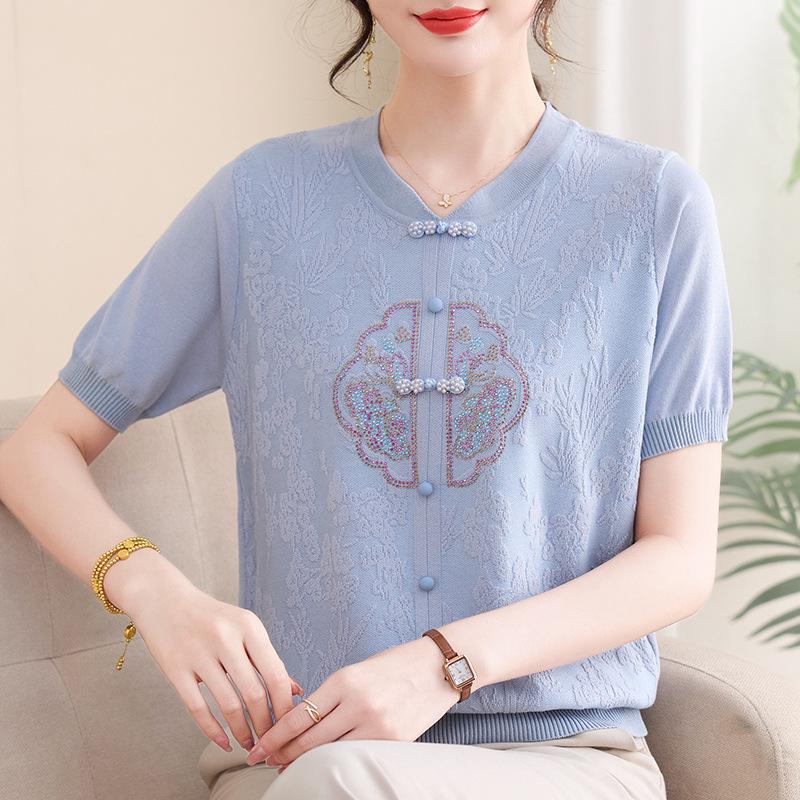 Mom's Stylish 2026 Summer Ice Silk Short-Sleeve Top - Chinese Style Knit T-Shirt for Middle-Aged & Elderly Women