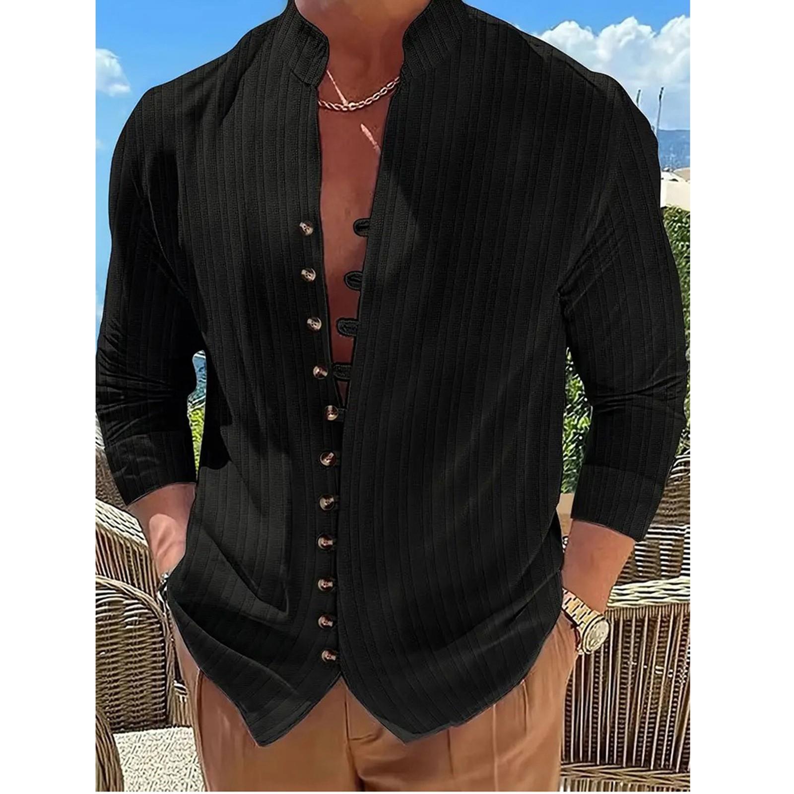 

Мужская однотонная повседневная рубашка из хлопка и льна с длинным рукавом на пуговицах L чёрный