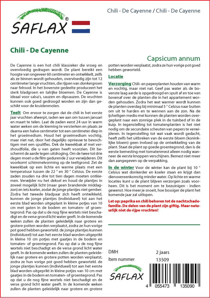 SAFLAX Garden In the Bag - Chili - De Cayenne - 20 Seeds - With Substrate In a Fitting Stand Up Bag - Capsicum Annum
