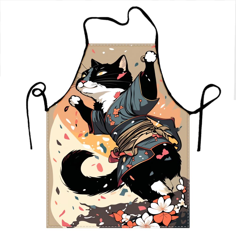 Cat Samurai Apron With Floral Design And Confetti Pattern For Cooking And Baking