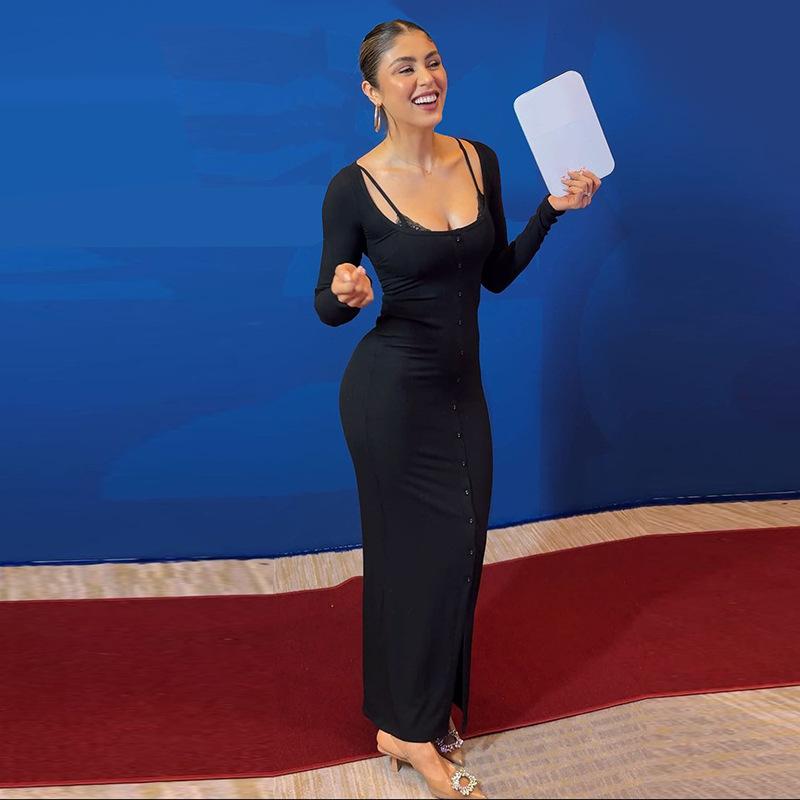 Europe and The United States Wind, Women's Clothing, 2025 Spring New, Sexy Pure Desire Wind, U Neck Halter, False Two Pieces, Long-sleeved