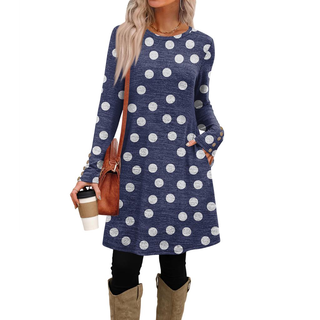 Women's Fashion Casual Dress With Pockets, Decorative Buttons, Polka Dot Prints, Round Neck And Long Sleeves