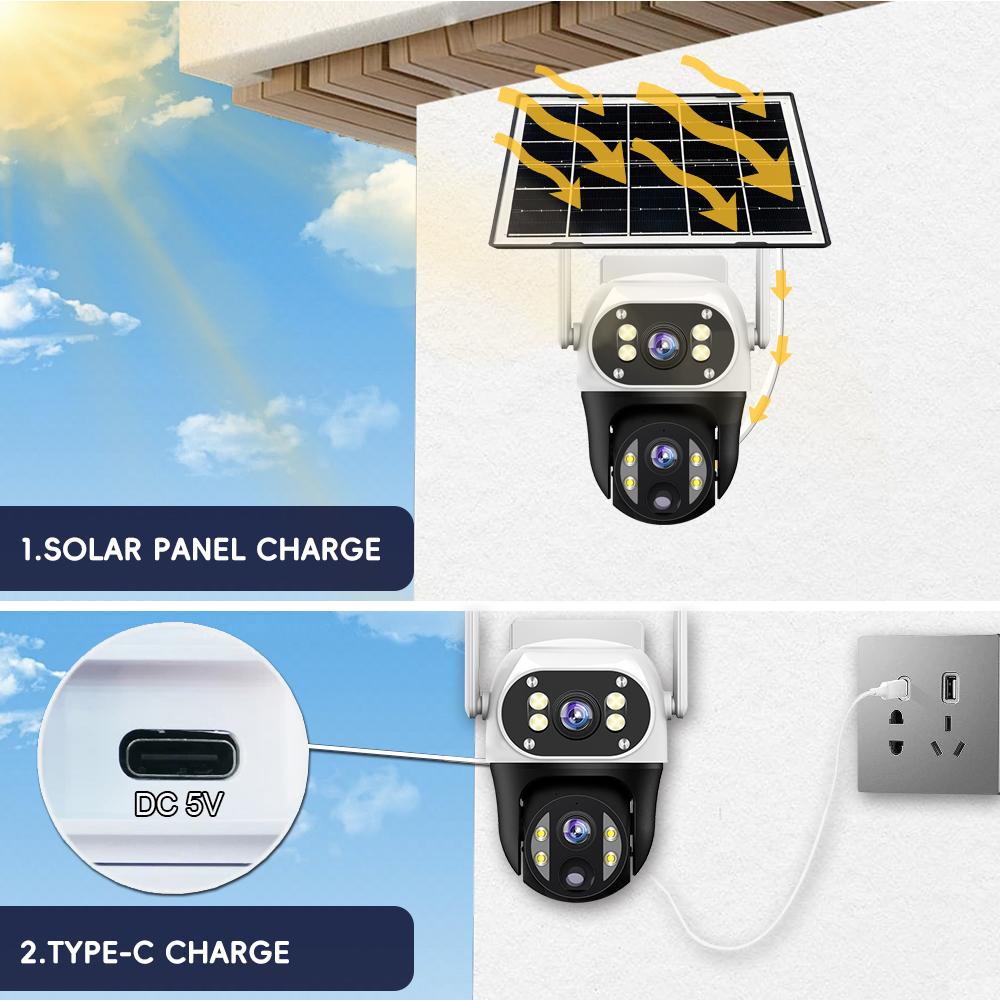 V380 Outdoor Home Garden Monitoring Dual Lens Full Color Night Vision 4G/Wifi Remote Solar Camera