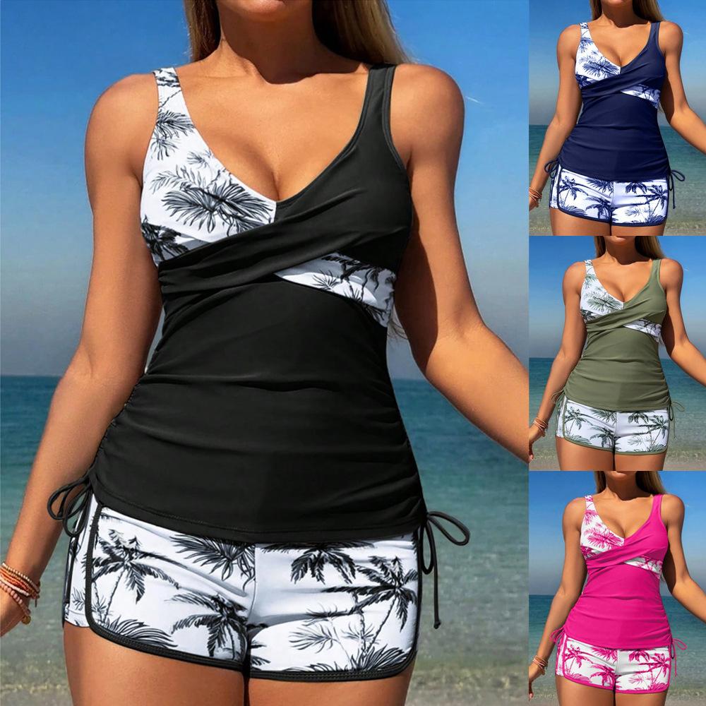 New swimsuit women's split high waist drawstring boxers conservative tankini swimsuit