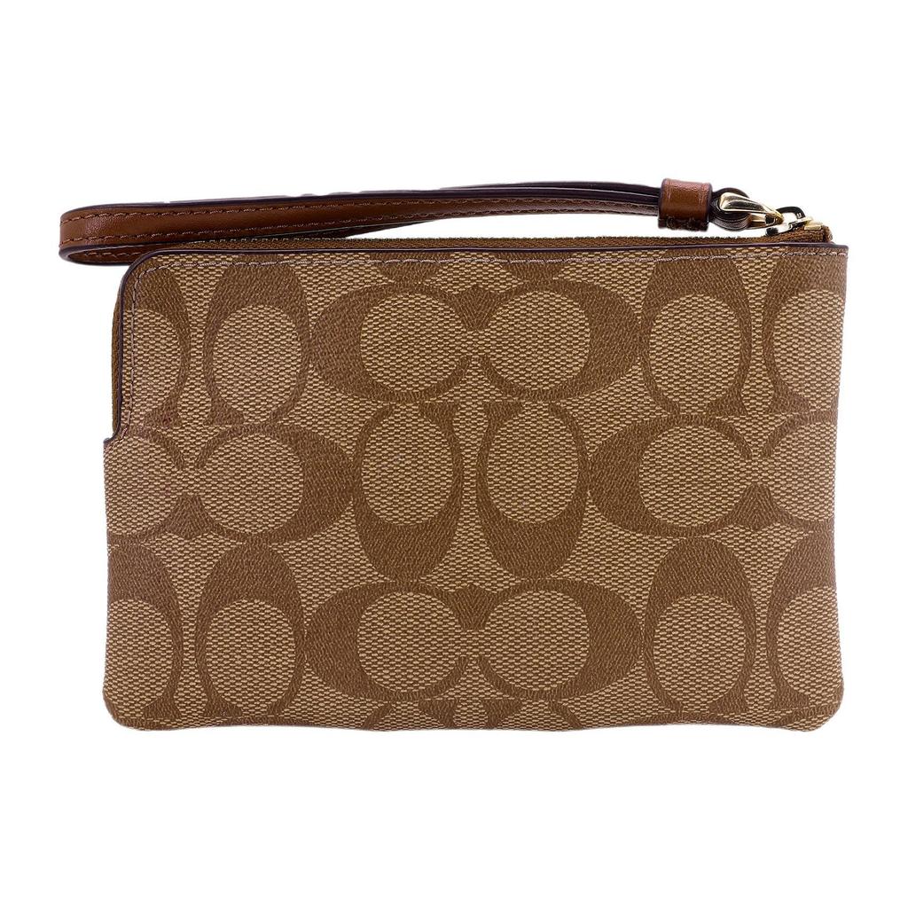 Coach Corner Zip 16 Zipper Closure Monogram Canvas With Leather Wristlet Coin Purse Clutch Women Wristlet Brown 58035-IME74