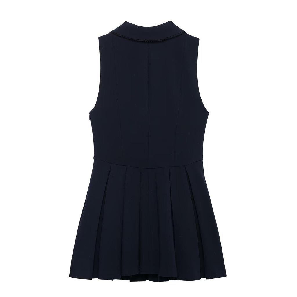 2025 Spring Women's Slim Sleeveless V-Neck High-Waisted Pleated Dress