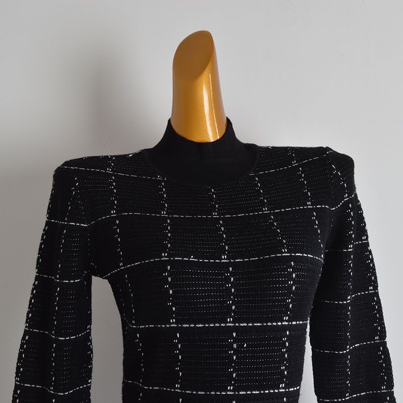Clothes New Color Matching Half-high Collar Wooden Ear Long Sleeve Knitted Dress Women Clothes Spring and Autumn Waist Hugging Slimming Sheath Skirt