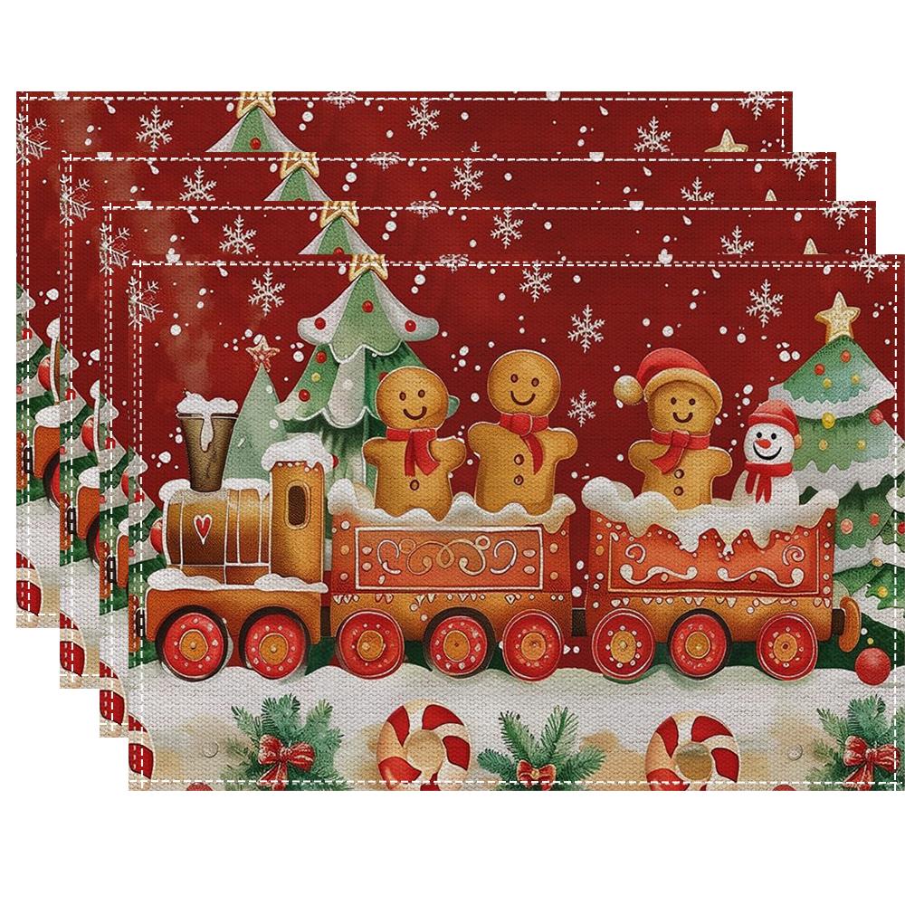 4/6Pcs Christmas Linen Placemats Gingerbread Man Place Mats Christmas Table Placemats Xmas Dining Kitchen Party Decor