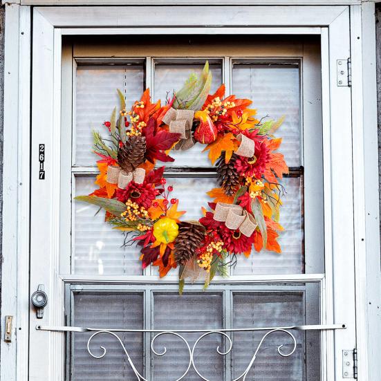 Artificial Fall Wreath 18 Inch Autumn Front Door Wreath with Sunflower Pumpkin Berries Pine Cones for Wall Window Thanksgiving Harvest Decor