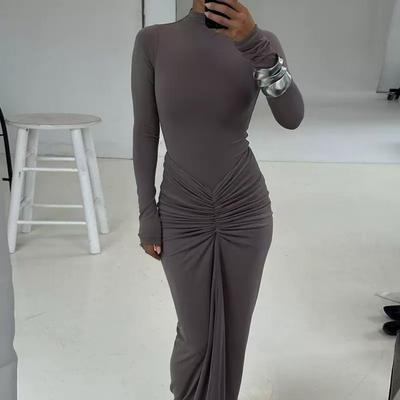 Shirring Women Classic Maxi Dress Autumn New Solid Long Sleeve High Collar Body-shaping Vestidos Mujer Concise Trend Robe