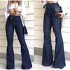 Women Jeans Solid Color High Waist Flare Pants Zipper Fly Flat Pockets Streetwear Slim Patchwork Button Slight Strech Belt