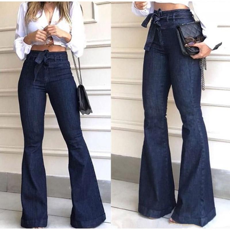 Women Jeans Solid Color High Waist Flare Pants Zipper Fly Flat Pockets Streetwear Slim Patchwork Button Slight Strech Belt