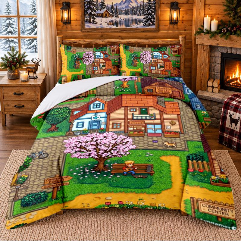 Stardew Valley Muster Bettwäsche 3-teiliges Set Bettlaken und Kissenbezüge für Schlafzimmer