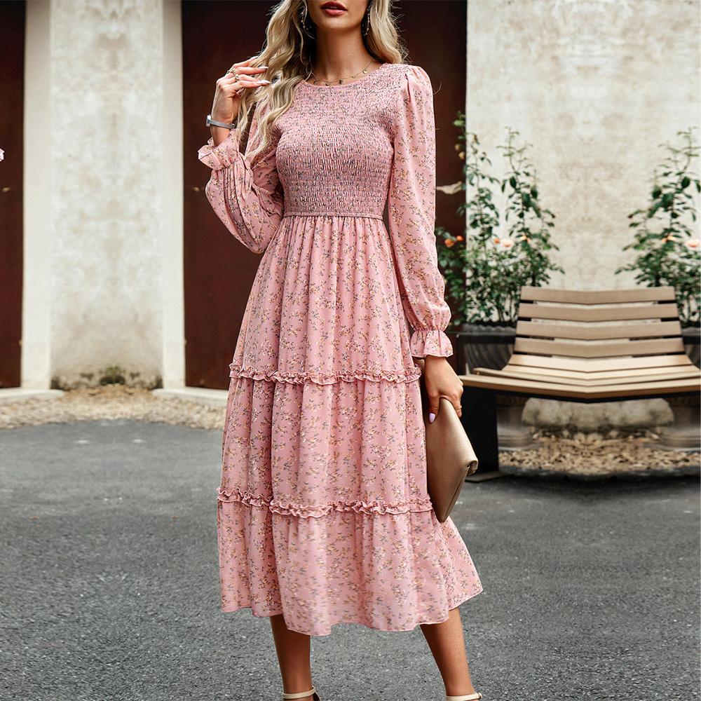 Dámské podzimní elegantní dlouhé potištěné šaty s lucernou s rukávem a vysokým pasem